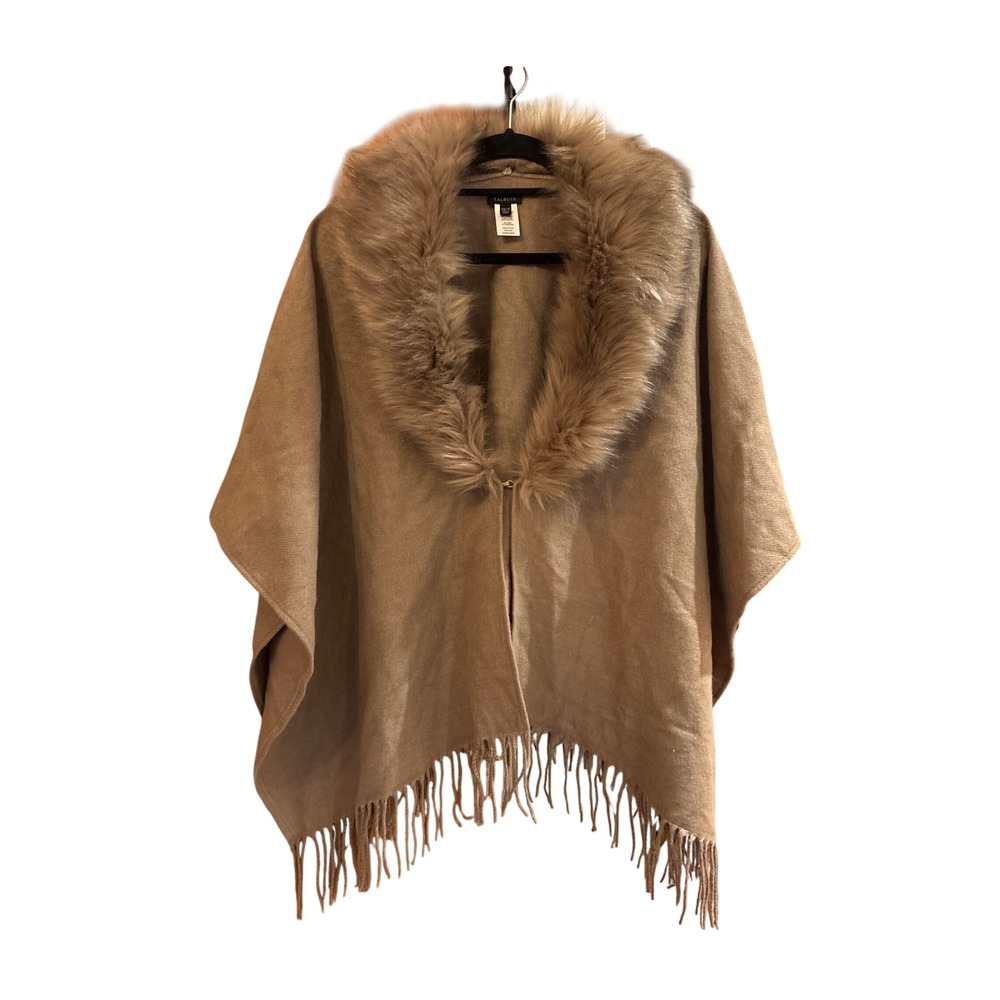 Talbots Poncho Wrap Women Tan Faux Fur Collar Fringe Boho SIZE XS/S